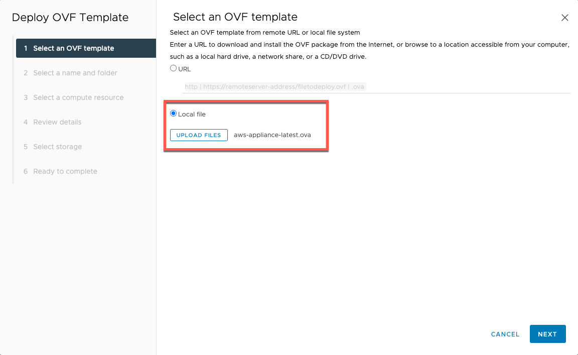 L'opzione File locale nel pannello Seleziona un modello OVF.