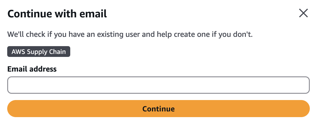 Email address input field for Catena di approvvigionamento di AWS user creation or login.