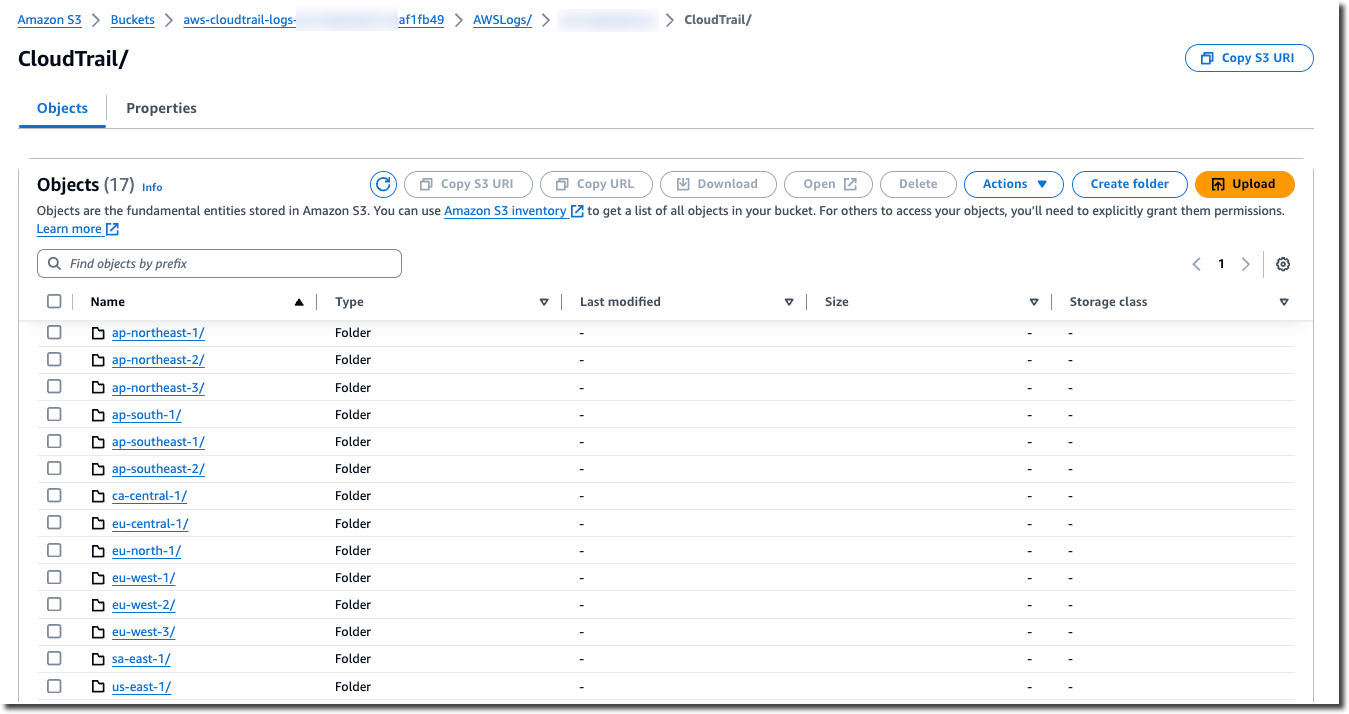 Bucket Amazon S3 di un percorso, in cui è mostrata la struttura dei file di log nelle regioni AWS