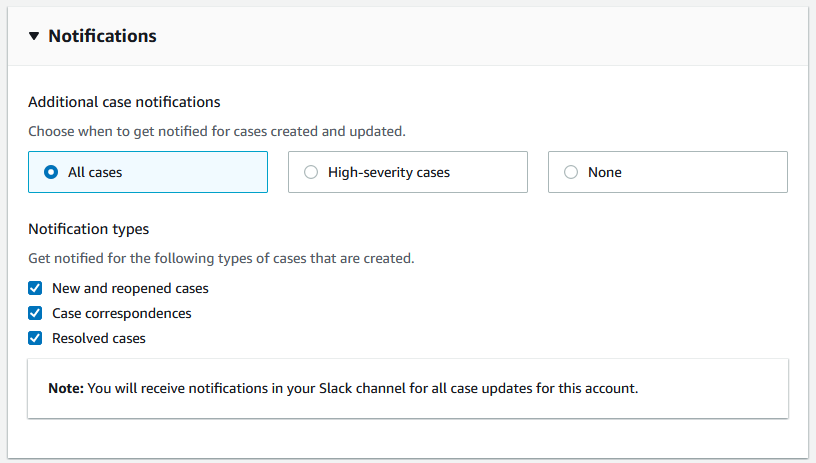 Configura un canale Slack nell' Supporto AWS app.