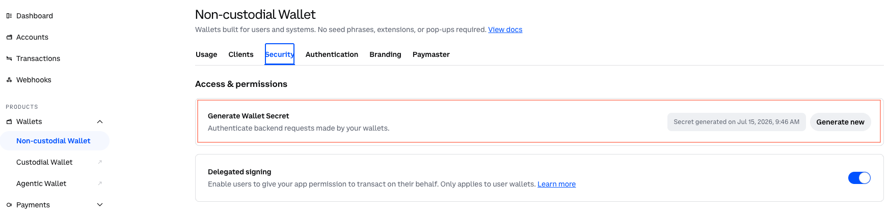 Generazione segreta di Coinbase CDP Wallet