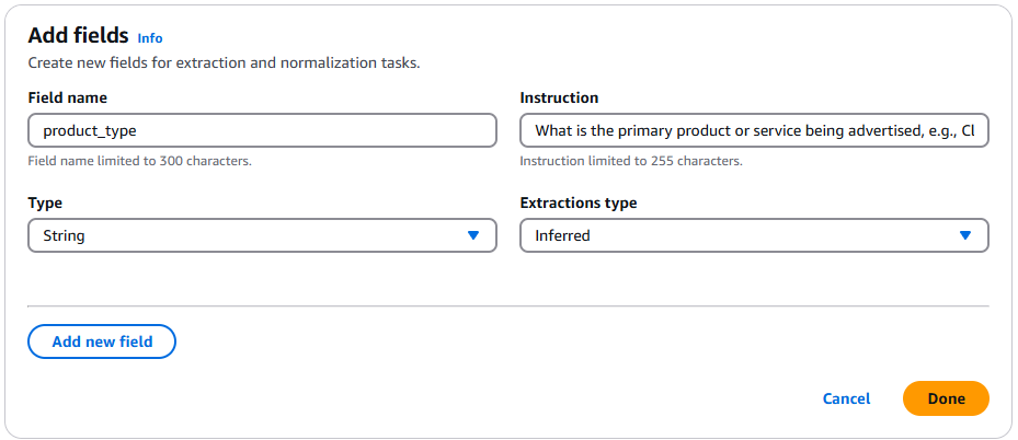 Amazon Bedrock Interfaccia utente che mostra menu a discesa e campi di testo per specificare i campi dell'immagine.
