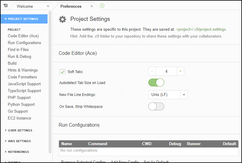 Mostrare le preferenze nell' AWS Cloud9 IDE