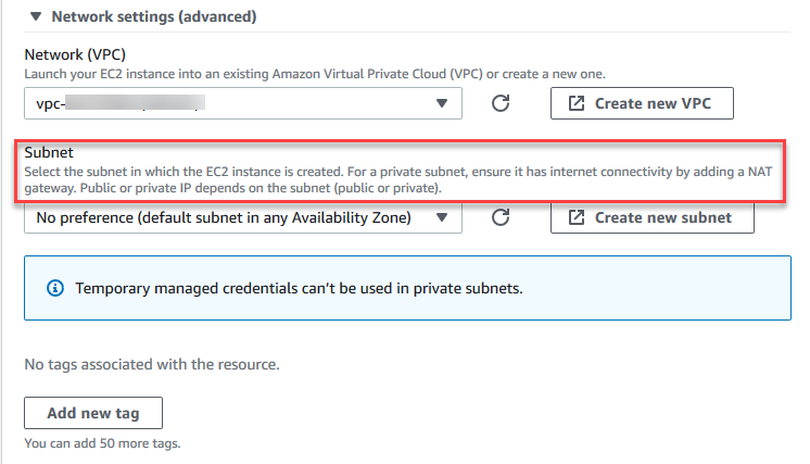 Selezione di una nuova istanza senza ingresso per il proprio ambiente EC2
