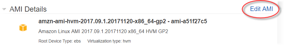 Scegli il link per la modifica dell'AMI nella EC2 console Amazon.