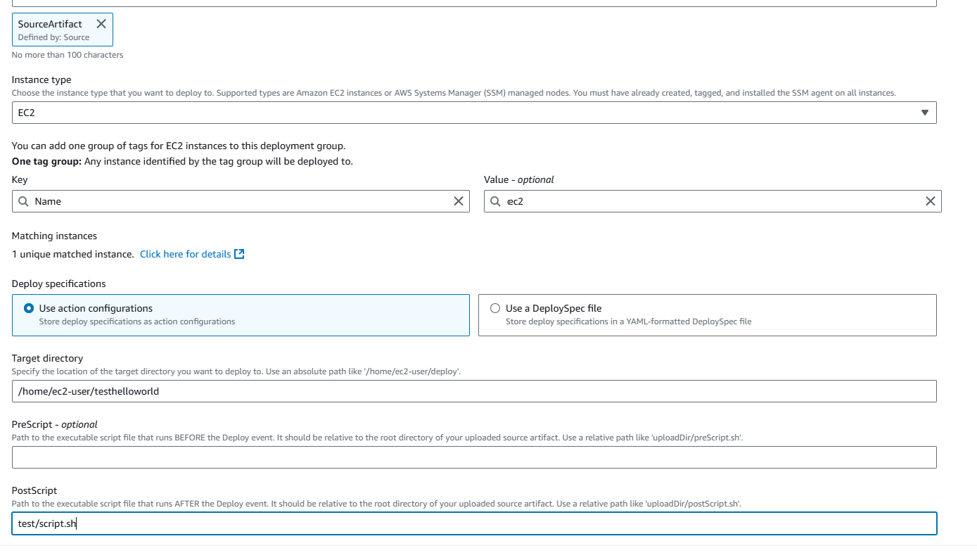 La pagina Modifica azione per una nuova pipeline con l'azione EC2 Distribuisci che specifica l'utilizzo della configurazione dell'azione