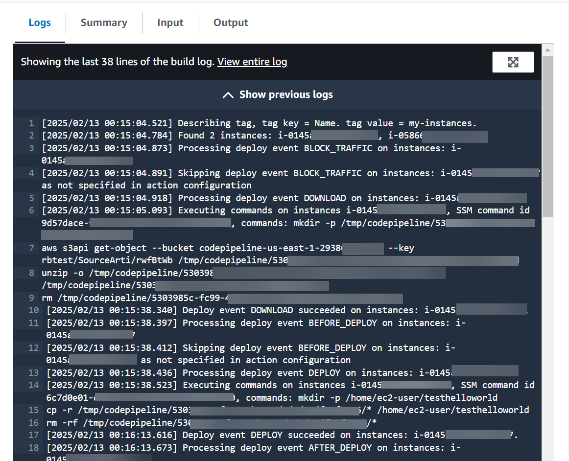 Visualizza i log relativi all'azione di EC2 distribuzione di Amazon nella tua pipeline.