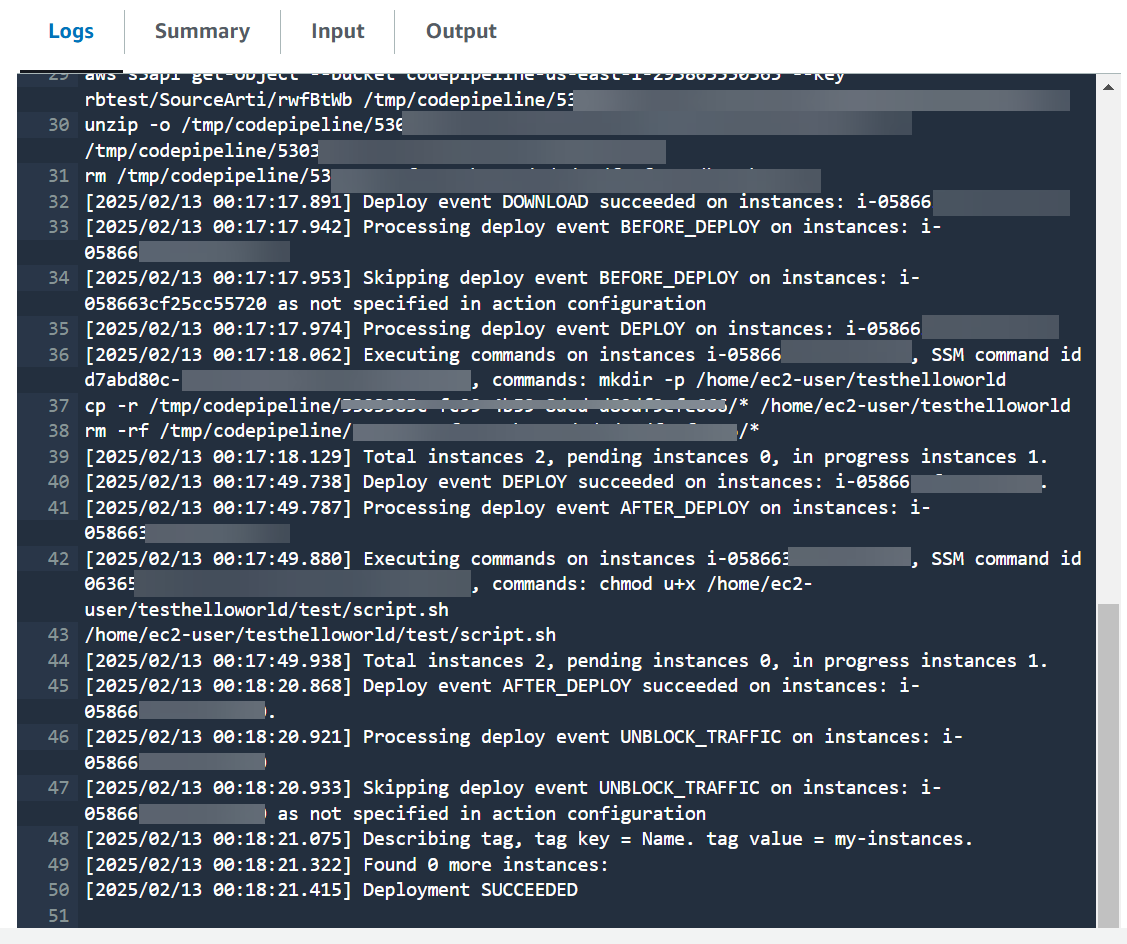 Visualizza la seconda pagina di log per l'azione di EC2 distribuzione di Amazon nella tua pipeline.