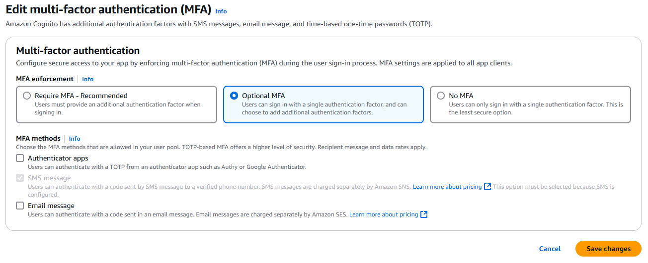 Uno screenshot della console Amazon Cognito con opzioni MFA.