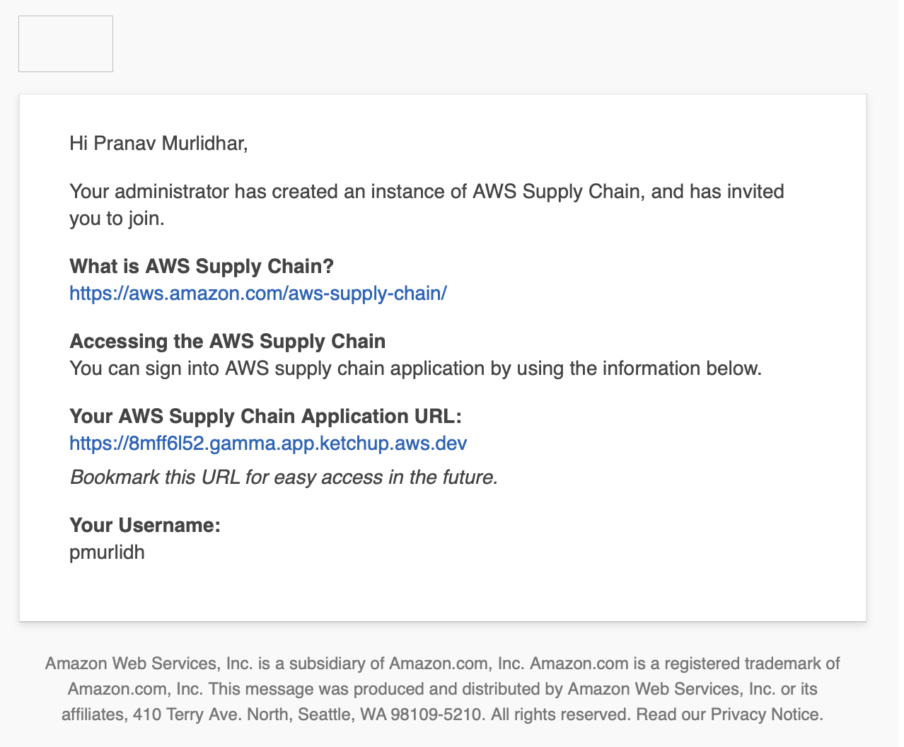 Invito via e-mail contenente AWS Supply Chain l'URL dell'applicazione, il nome utente pmurlidh e le istruzioni di accesso.