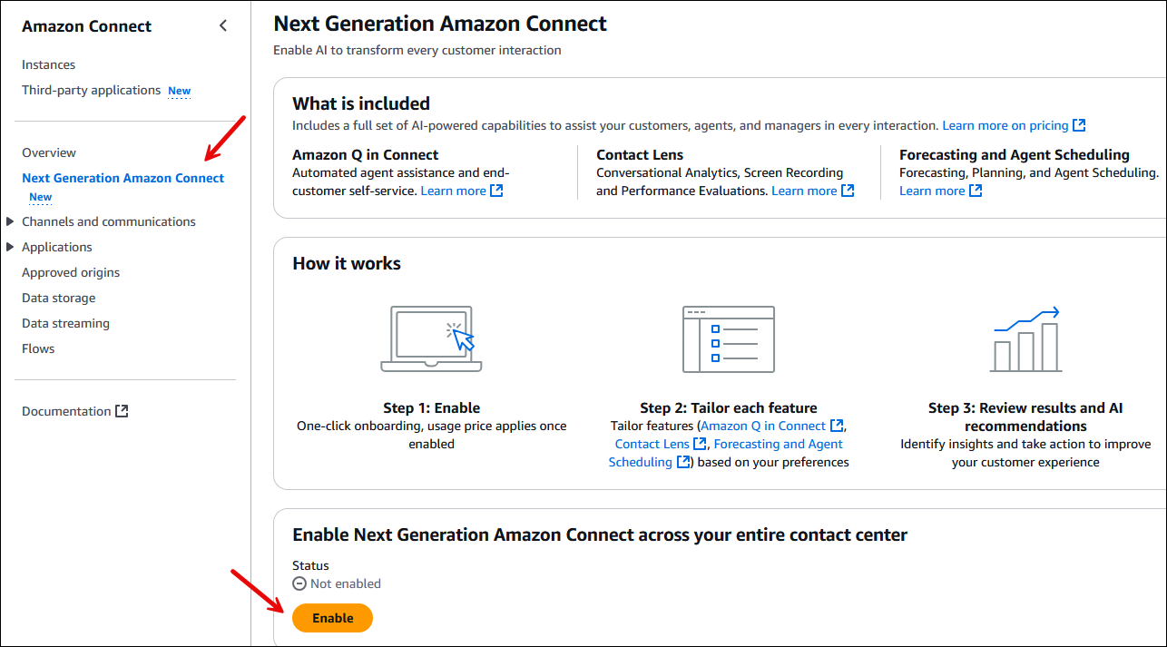 La pagina Amazon Connect di nuova generazione, il pulsante Enable.