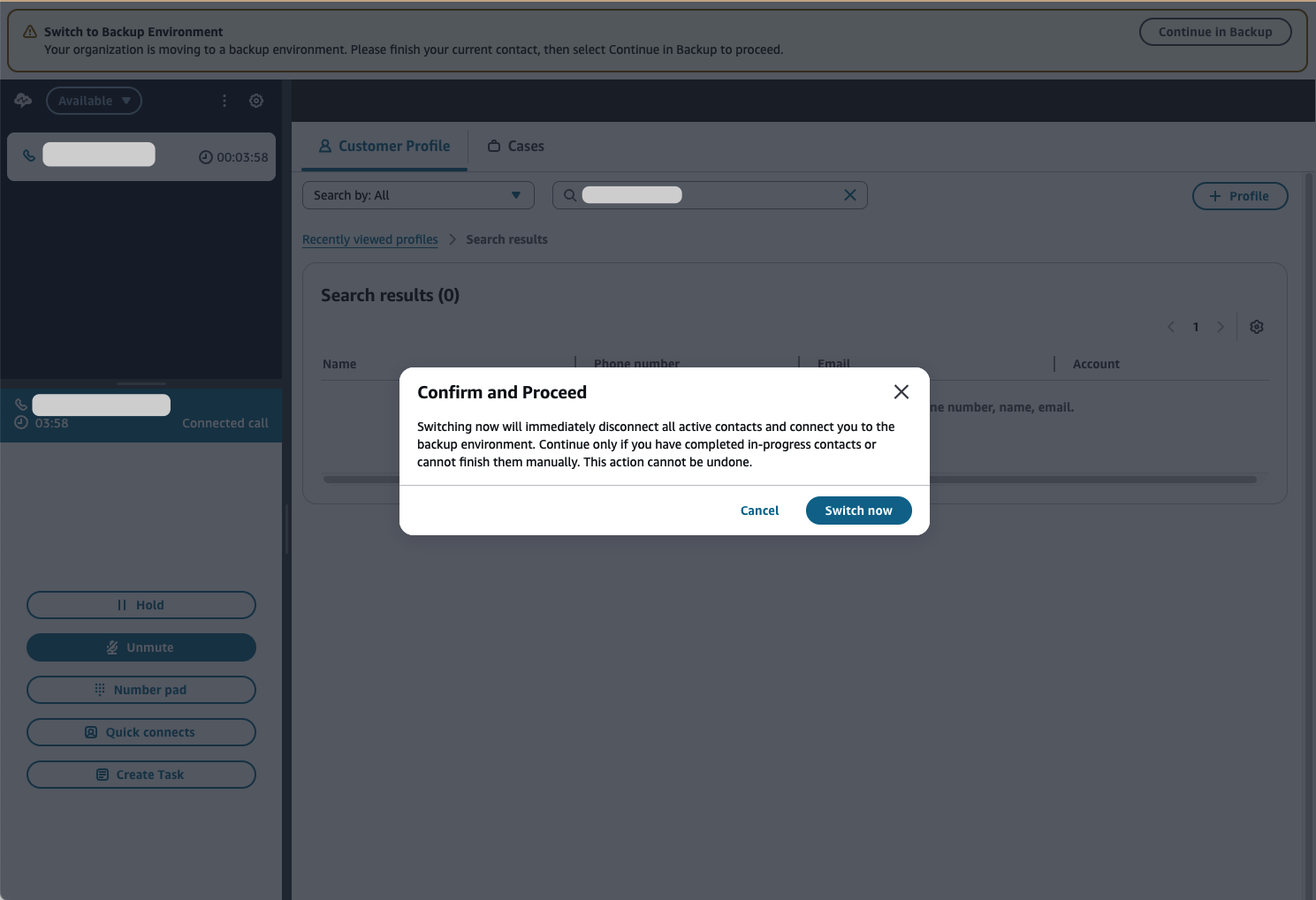 Il popup di conferma che appare quando un agente seleziona Continua nel backup.
