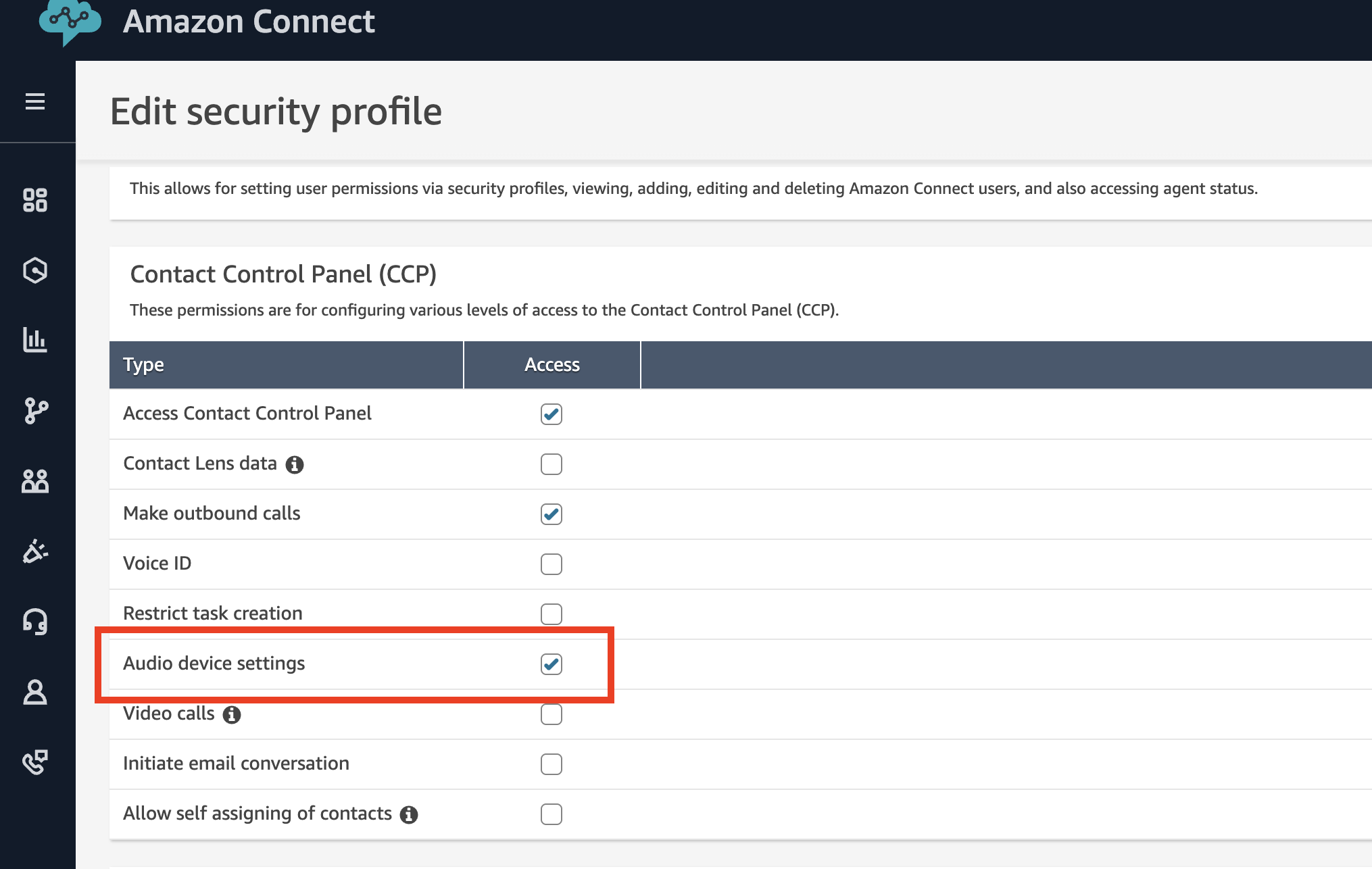 L'autorizzazione alle impostazioni del dispositivo audio nella sezione Contact Control Panel (CCP) del profilo di sicurezza.