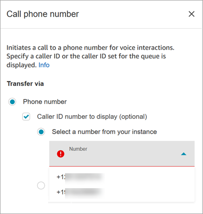 La pagina delle proprietà di Chiama numero di telefono. L'opzione Seleziona un numero dall'istanza.