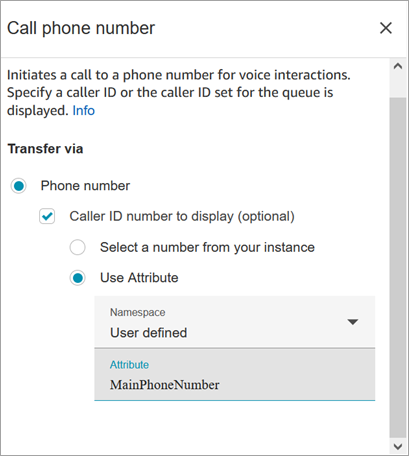 La pagina delle proprietà del blocco Chiama il numero di telefono. L'opzione Usa attributo è selezionata, la casella Namespace è impostata su Definito dall'utente.