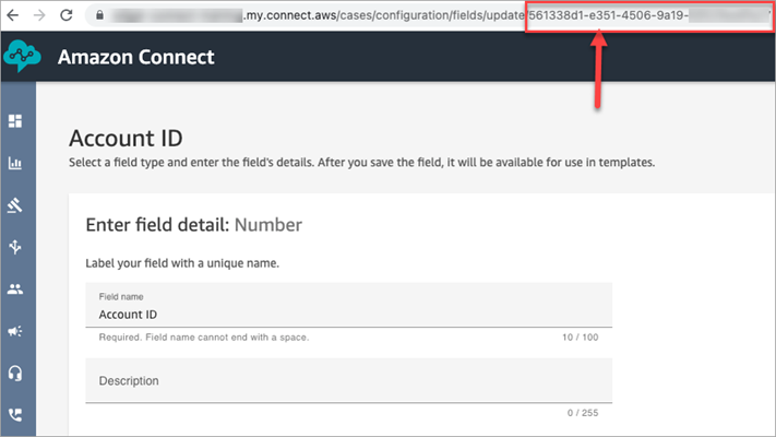 Una pagina ID account con un URL nel browser, con l'ID del campo personalizzato evidenziato alla fine dell'URL.