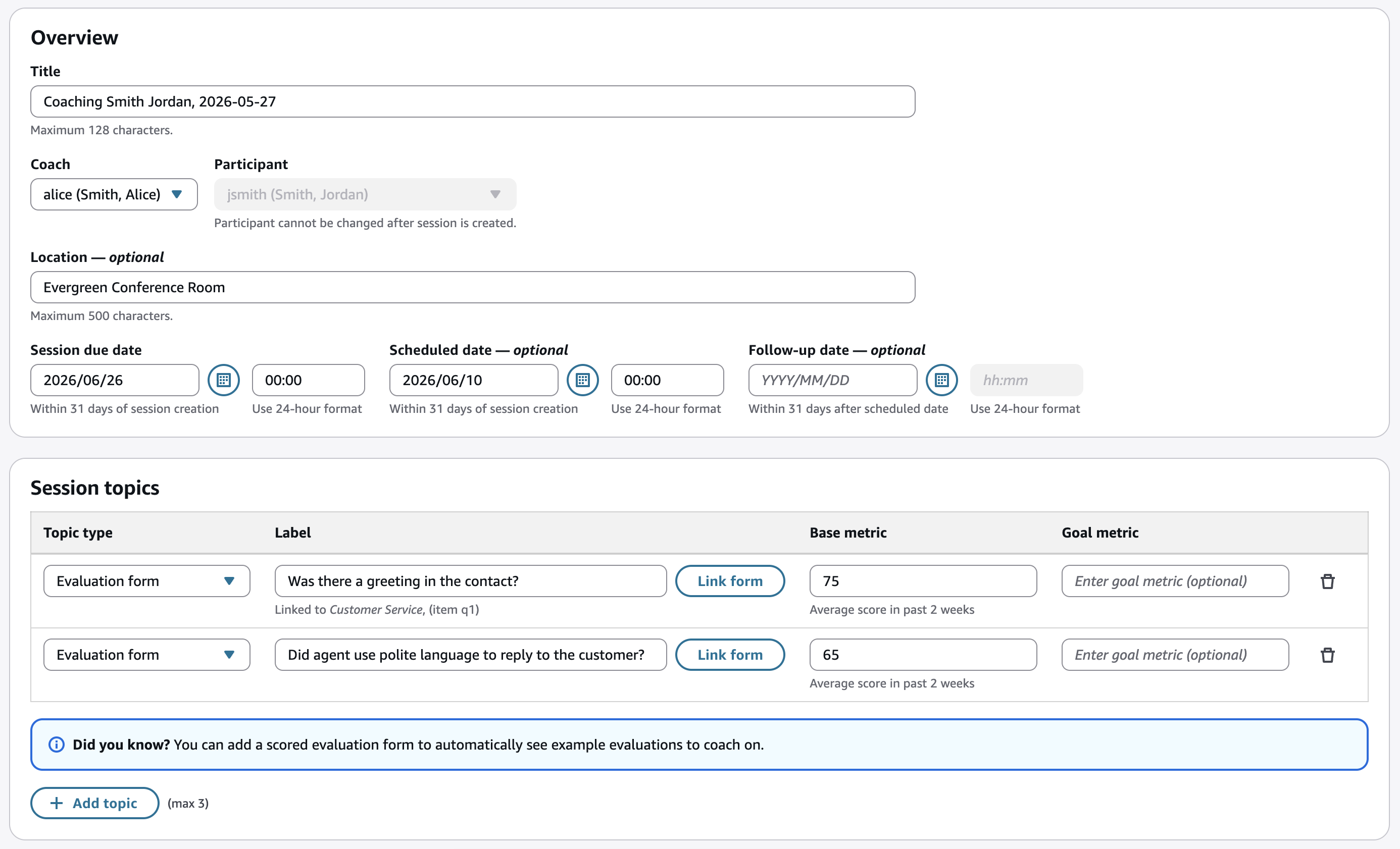 La pagina di modifica della sessione di coaching con campi per date, orari, luogo, feedback e obiettivi.