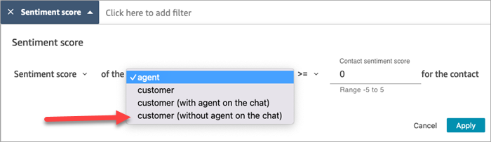 Il filtro Sentiment Score, il menu a discesa dei partecipanti, il cliente senza agente nell'opzione di chat.