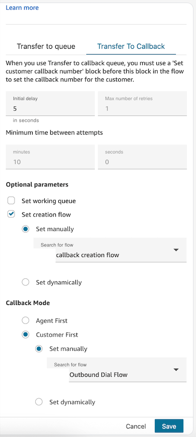 configura un trasferimento al blocco Queue Flow impostando un flusso di creazione di callback e un flusso di chiamata in uscita.