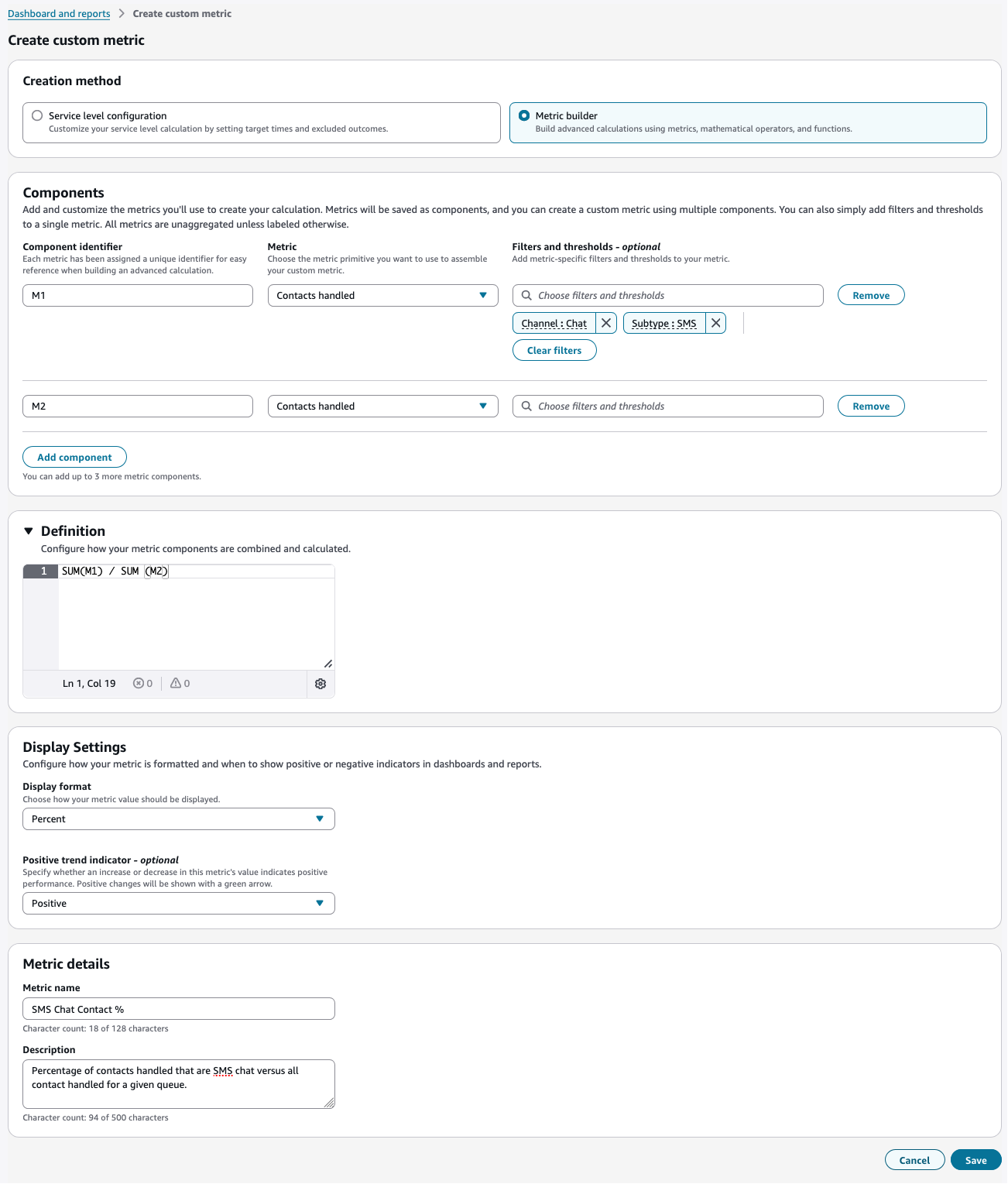 L'editor Metric Builder mostra componenti, definizioni e opzioni di configurazione per la creazione di metriche personalizzate avanzate.