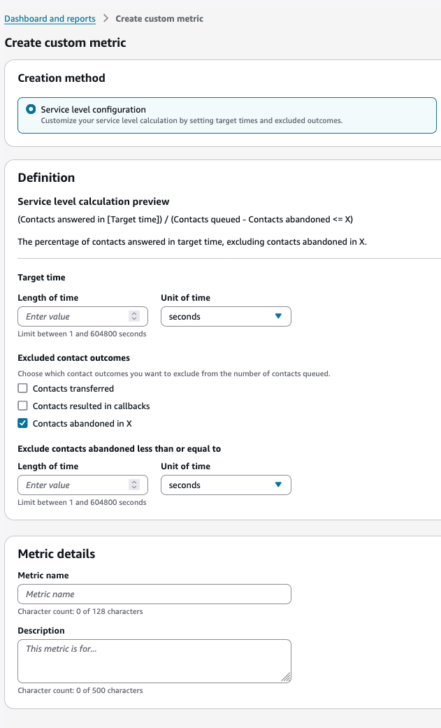 L'editor di configurazione del livello di servizio che mostra le opzioni di configurazione per metriche personalizzate dei livelli di servizio.