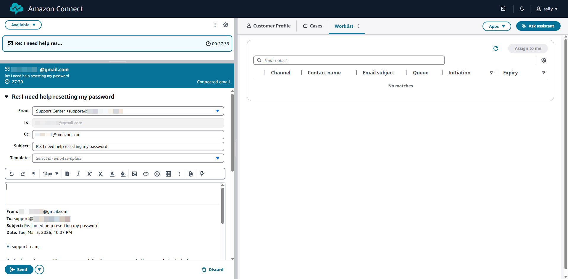 L'area di risposta alle e-mail che mostra i campi A, CC, Oggetto compilati automaticamente e l'editor di testo per la composizione di una risposta.