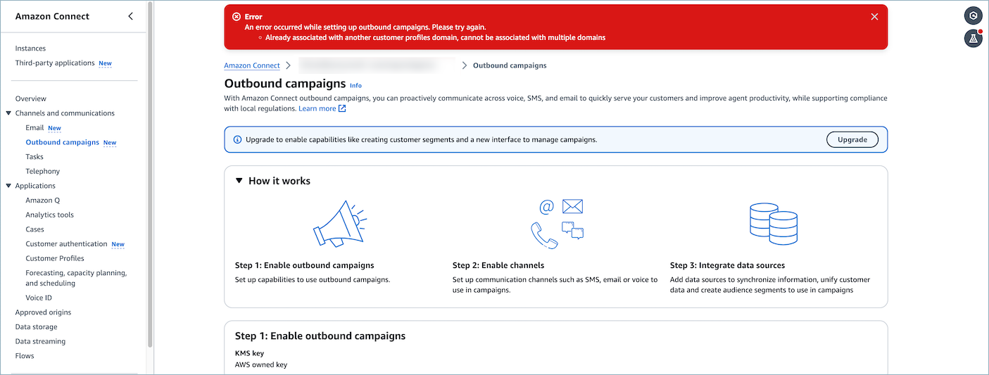Messaggio di errore che indica che una campagna è già associata a un altro dominio Customer Profiles.