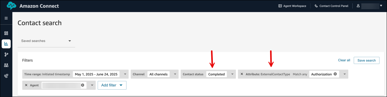Una ricerca di contatti per i contatti completati con Attribute = ExternalContactType.