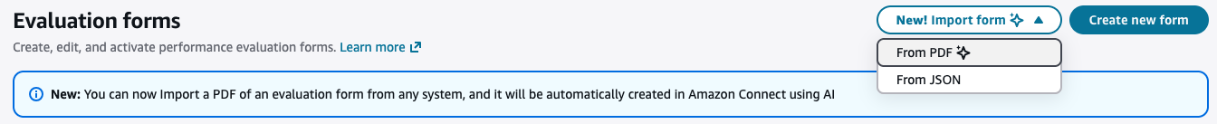 La pagina dei moduli di valutazione che mostra il pulsante Importa modulo con l'opzione di menu Da PDF evidenziata.