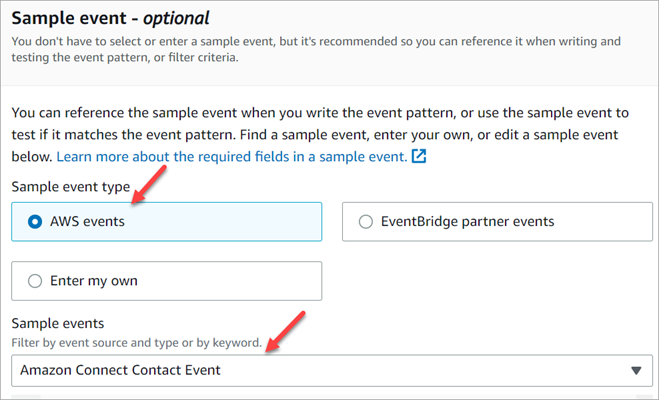 La sezione degli eventi di esempio, il tipo di evento di esempio è Eventi AWS.