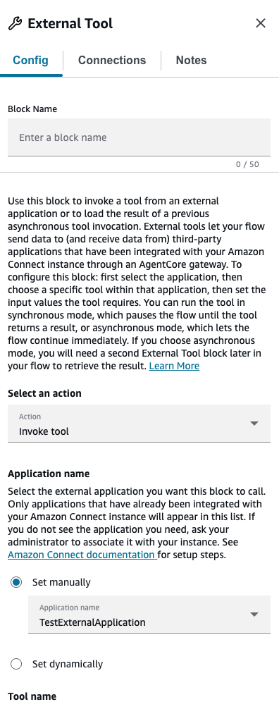 Il blocco External Tool che mostra l'azione dello strumento Invoke con i campi Nome applicazione e Nome strumento.