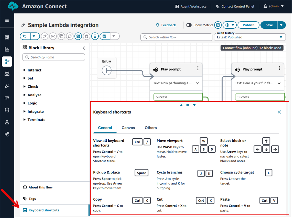 Le scelte rapide da tastiera del flow designer.
