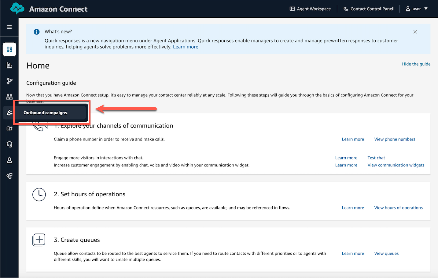Il menu di navigazione di Amazon Connect che mostra l'opzione Campagne in uscita evidenziata nel riquadro di navigazione a sinistra.
