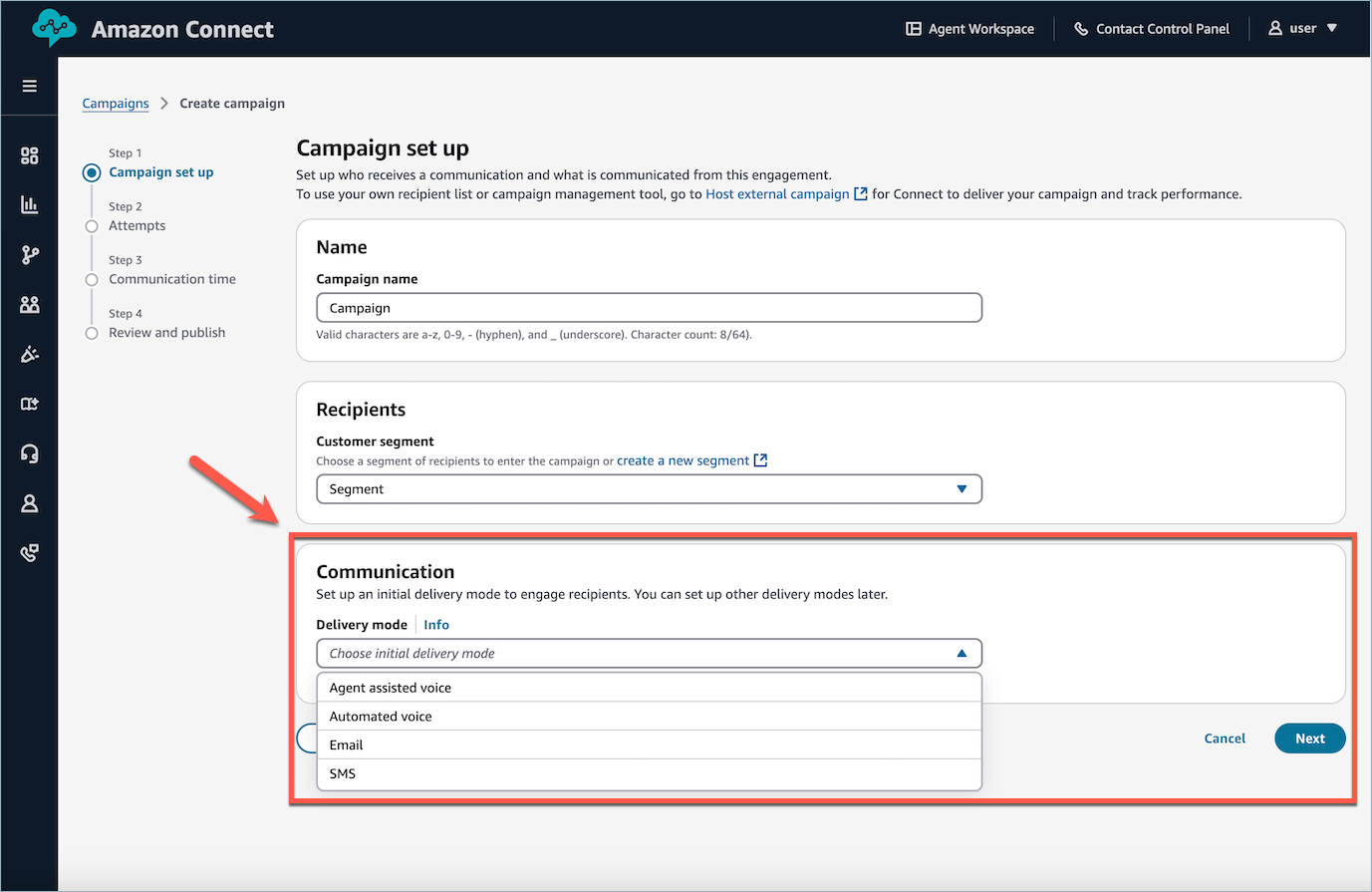 L'interfaccia di selezione dei canali mostra le opzioni per i canali di comunicazione vocale assistita dall'agente, voce automatizzata, e-mail e SMS.