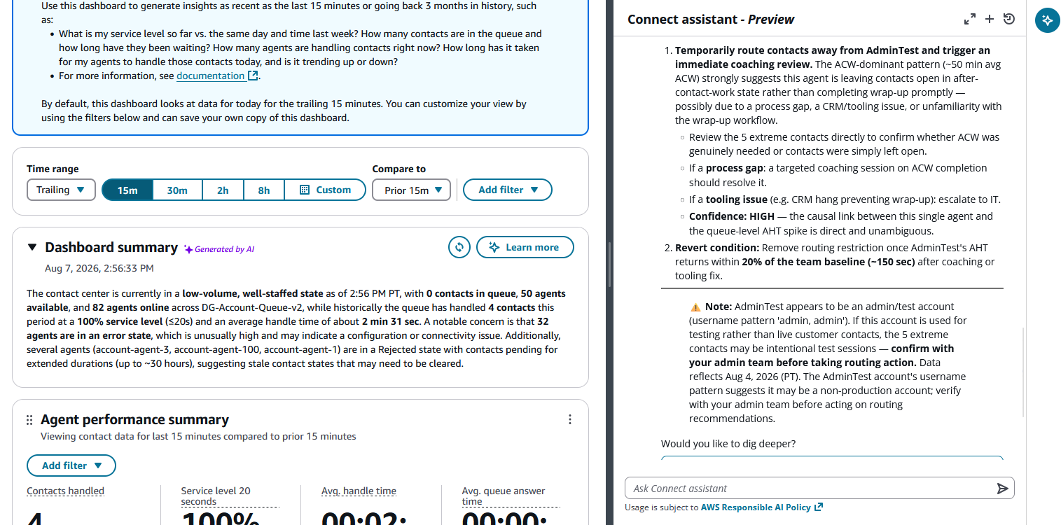 Una dashboard con il pannello di riepilogo del dashboard espanso accanto al pannello dell'assistente. Il pannello di riepilogo include l'ora di generazione, un'icona di aggiornamento e un pulsante Ulteriori informazioni.