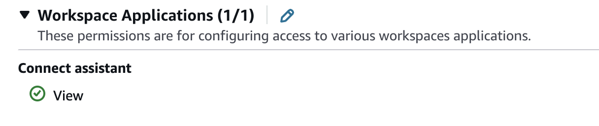 La sezione Applicazioni Workspace di un profilo di sicurezza, con l'autorizzazione di visualizzazione selezionata per Connect assistant.