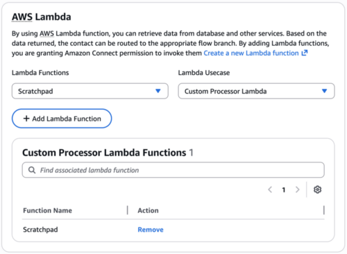 La sezione Lambda nella console Amazon Connect che mostra la selezione del caso d'uso Lambda del processore personalizzato.