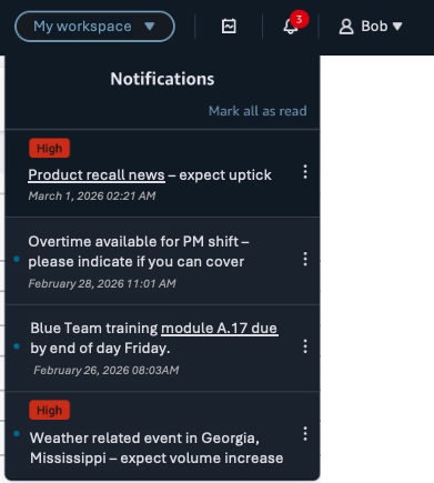 Il widget delle notifiche che mostra le notifiche di un utente.
