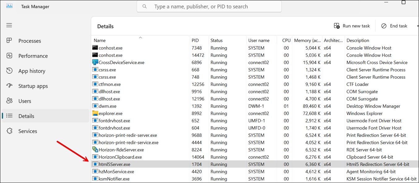 Task Manager, il processo html5server.exe in esecuzione.