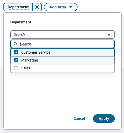 La pagina dei dashboard di Analytics, il menu a discesa dei valori del filtro.
