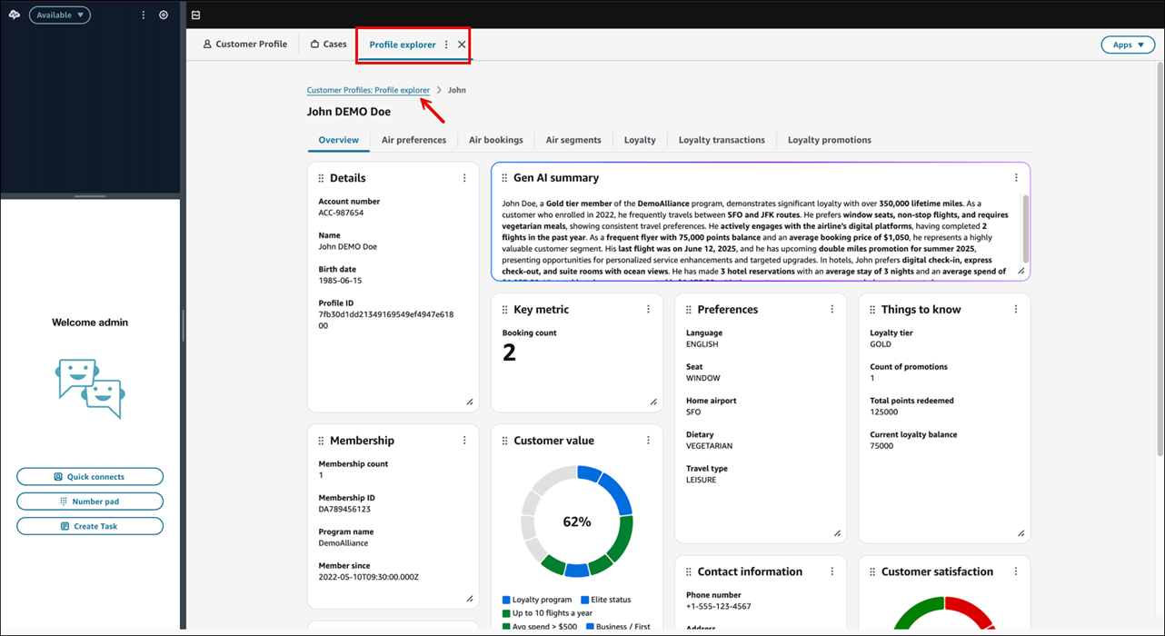 L'area di lavoro dell'agente, la scheda Profile explorer.