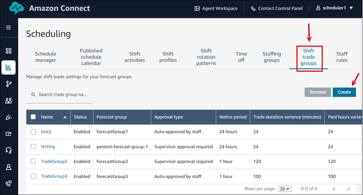 La pagina Scheduling, la scheda Shift trade groups, il pulsante Crea.