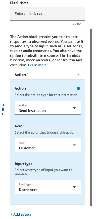 Configurazione del blocco di azioni che mostra il tipo di input Send Instruction with Disconnect selezionato.