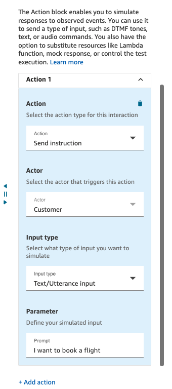 Configurazione del blocco di azioni che mostra Send Instruction con il tipo Text/Utterance di input selezionato.