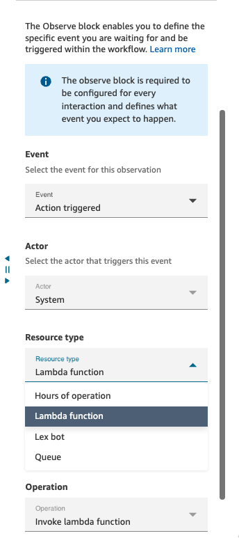 Osserva la configurazione dei blocchi che mostra il tipo di evento Action Triggered con le opzioni del tipo di risorsa per Lambda, Hours of Operation, Queue e Lex Bot.