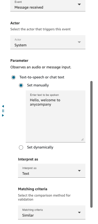 Osserva la configurazione dei blocchi che mostra il tipo di evento Message Received con le opzioni dei criteri corrispondenti.