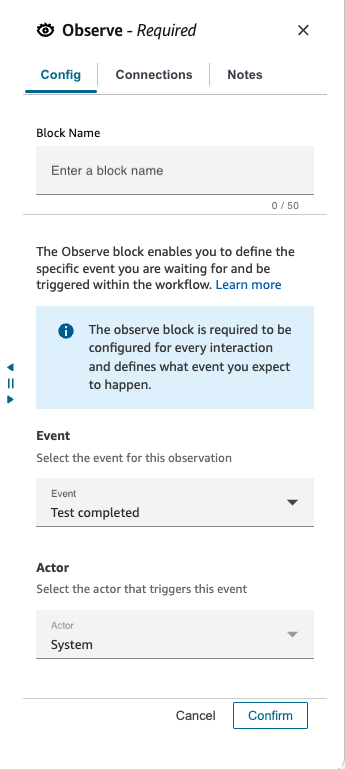 Osserva la configurazione dei blocchi che mostra il tipo di evento Test Completed selezionato.