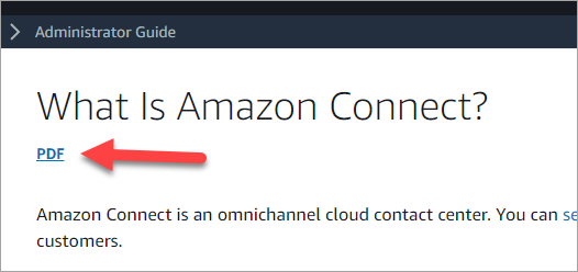 Pagina della documentazione di Amazon Connect, collegamento al PDF sotto il titolo della pagina.