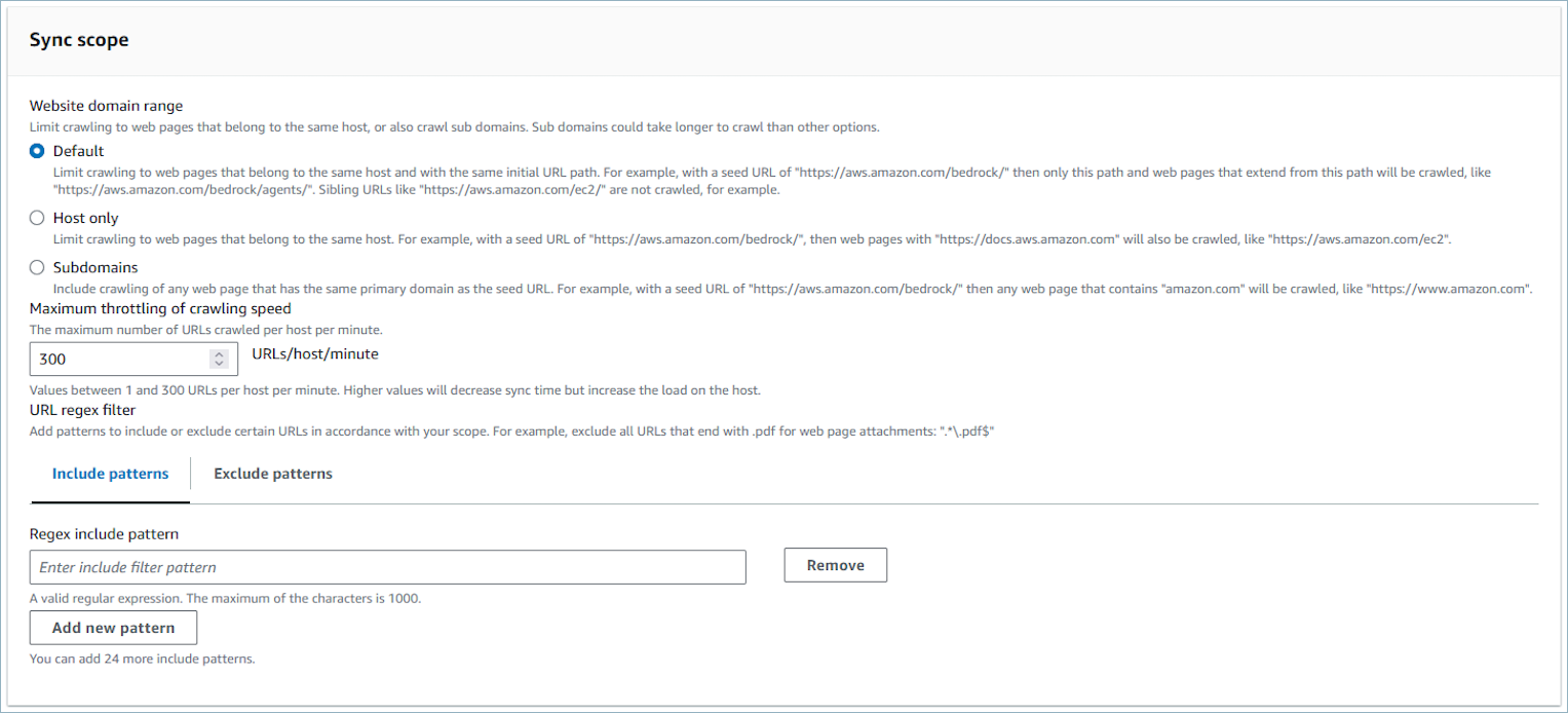 La sezione URL Regex patterns che mostra un esempio di pattern di esclusione per i file PDF.