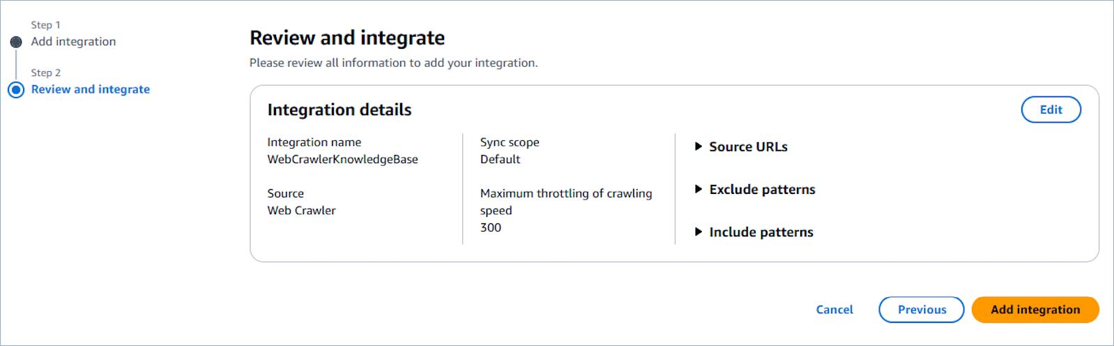 La pagina di revisione che mostra tutti i dettagli di integrazione per la configurazione del Web Crawler prima dell'invio finale.